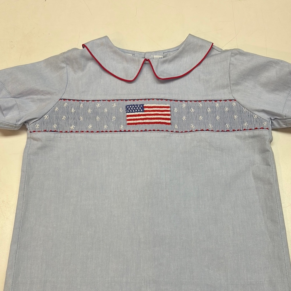 Blue Button Down Shirt with Peter Pan Collar and Smocked Flag